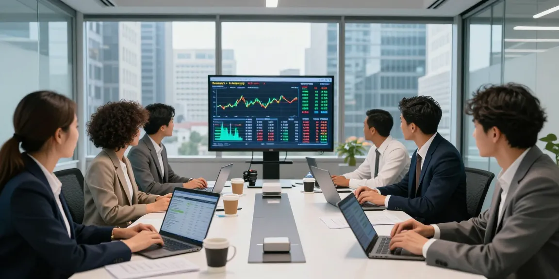 Team discussing business energy quotes in a modern office setting, analyzing market data and pricing.