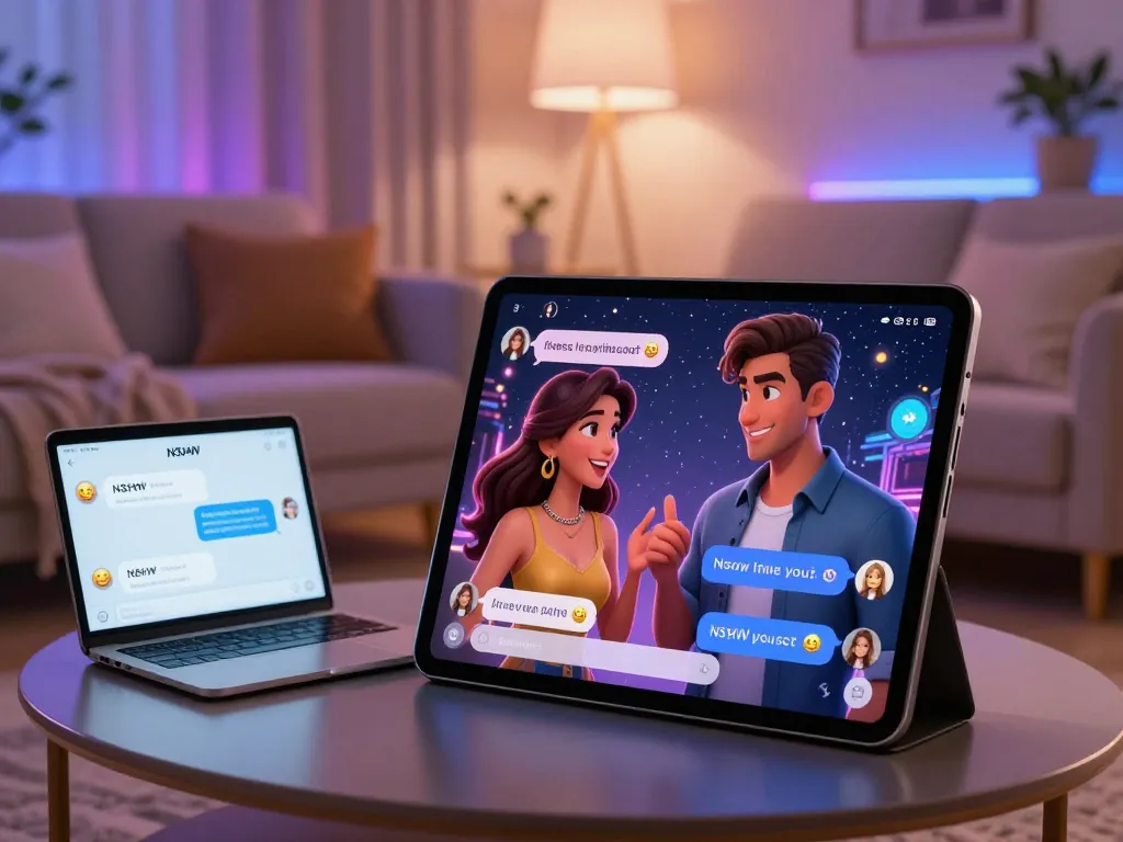 Engaging NSFW AI chat with characters in a modern digital lounge setting.