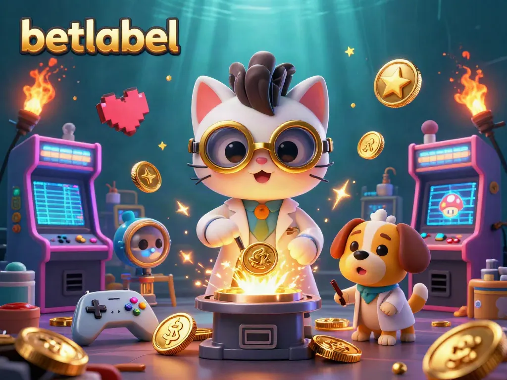 Betlabel offers thrilling gaming with a mad scientist cat and assistant in a lively casino scene.