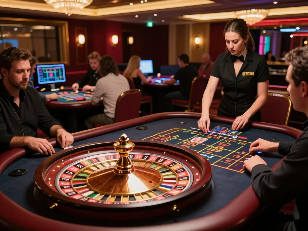 Players placing bets at a vibrant f168 roulette table in a luxury casino setting, showcasing excitement and strategy.