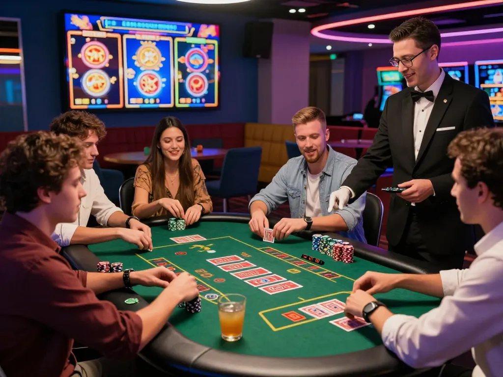 A lively group enjoying MM88 online gaming with cards and roulette in a vibrant casino setting.