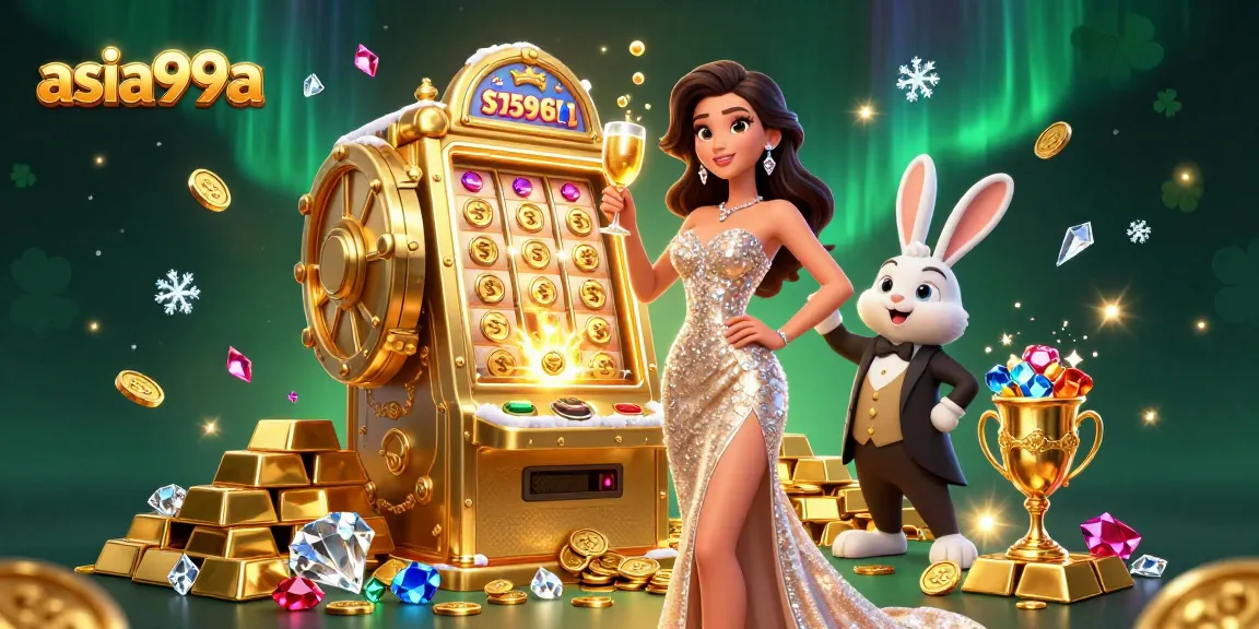 Join the excitement at asia99a as a woman toasts beside a jackpot slot machine!