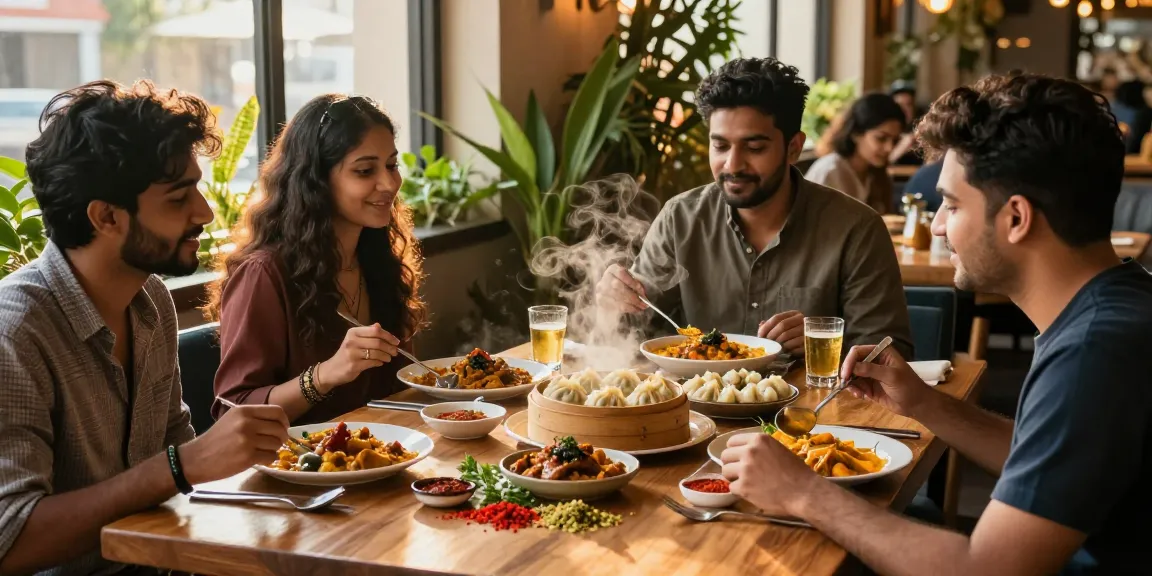 Exciting rokok88 login restaurant scene featuring friends savoring authentic Indian curry and Nepalese momo.
