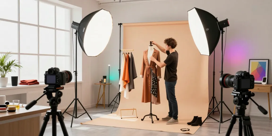 Impostazione di servizi fotografici ecommerce di alta qualità, che mostra la fotografia di prodotti di moda con illuminazione e oggetti di scena professionali.
