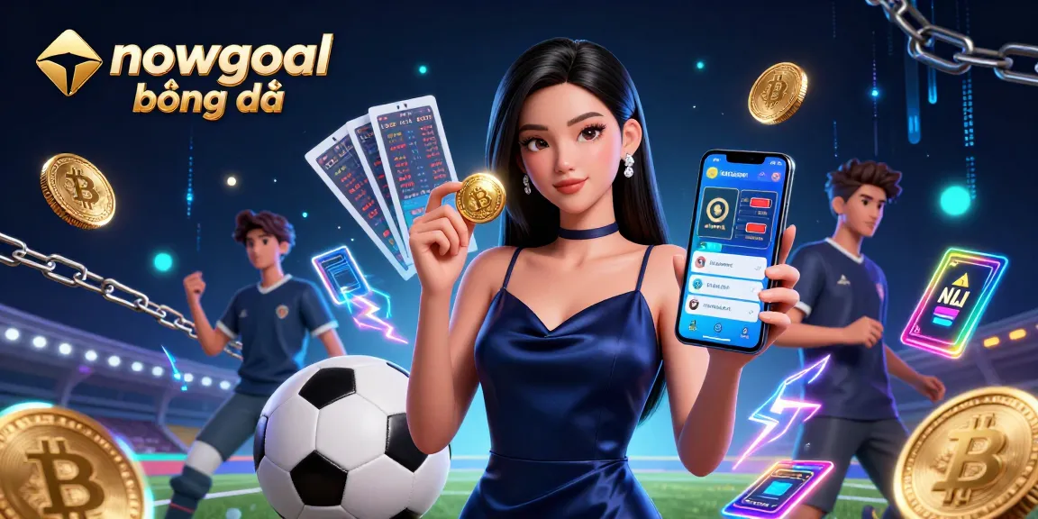 Bet on nowgoal bóng đá with a stunning Asian woman holding a sports betting app and golden chip.