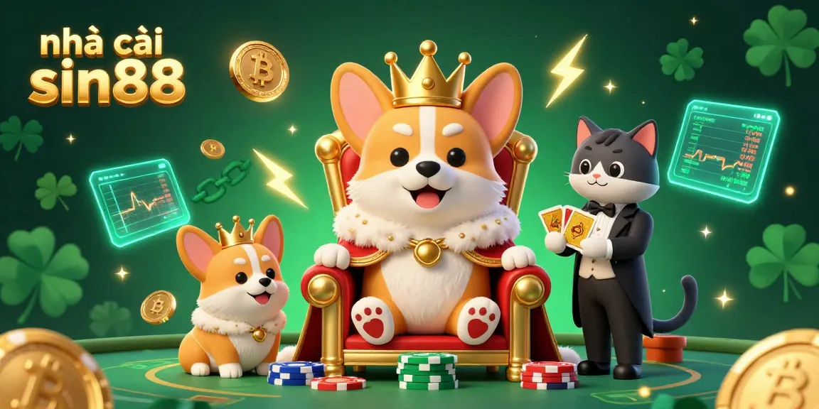 Experience the thrilling casino atmosphere at nhà cái sin88 with vibrant corgis, poker chips, and cryptocurrencies.