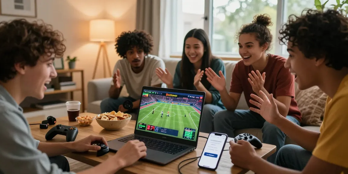 Group of friends experiencing the thrill of BetLabel login for live sports betting in a cozy setting
