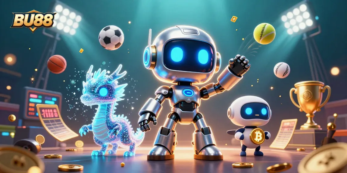 Experience BU88 excitement with a cyberpunk robot and sports-themed gaming elements in dynamic action.
