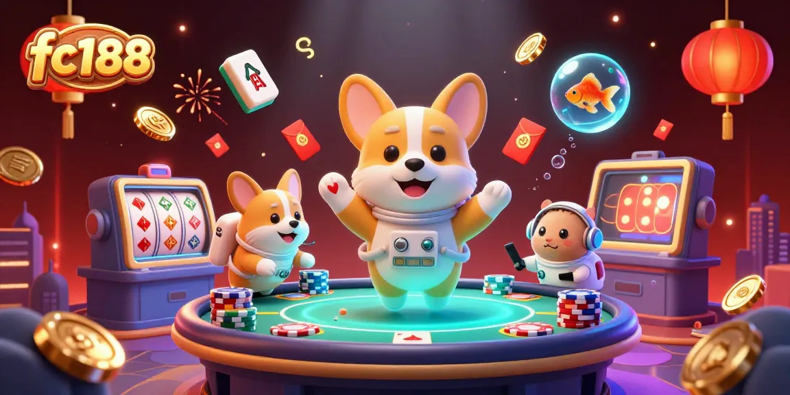 Join the exciting gaming experience with fc188, featuring a cartoon corgi in a space casino amidst floating poker chips and vibrant bonuses.